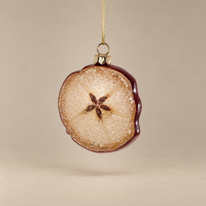 A round glass ornament shaped like a sliced apple, featuring a textured beige and brown interior with a dark brown starburst center, a dark reddish-brown outer edge, a gold hanging loop, and a gold chain against a warm beige background.