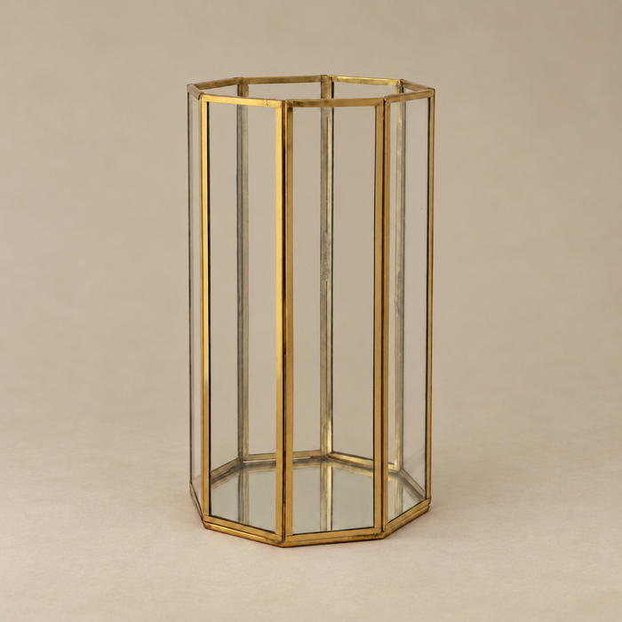 A hexagonal glass terrarium with a polished gold brass frame, featuring mirrored glass panels on a neutral beige background.
