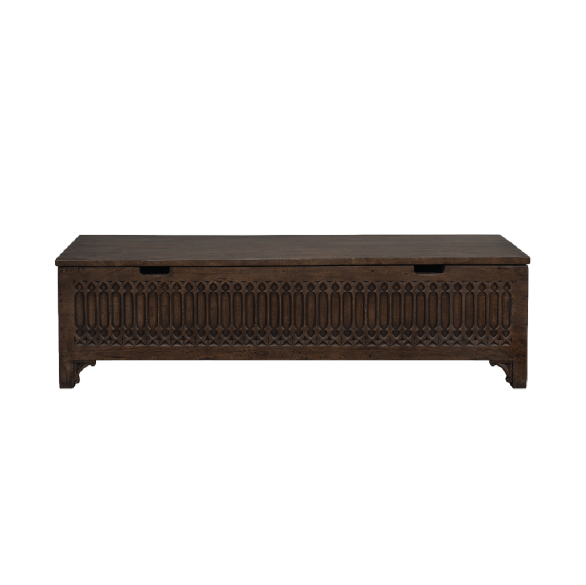 Wooden storage bench with intricate carvings.