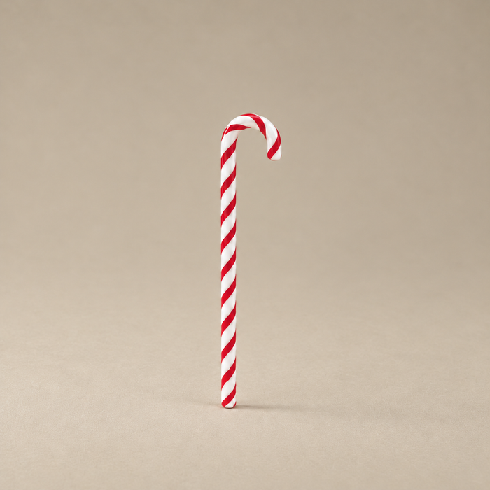 A single red and white striped candy cane standing upright on a plain beige background.