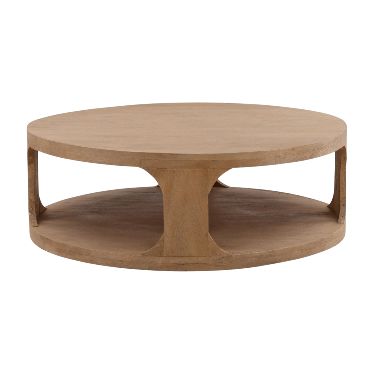 Round wooden coffee table with a lower shelf on a white background