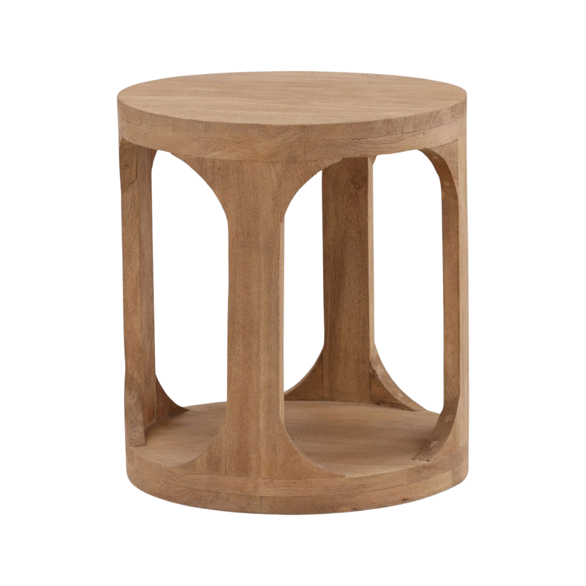 Wooden side table with a geometric design on a white background