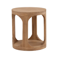 Wooden side table with a geometric design on a white background