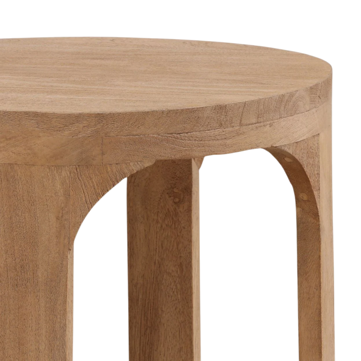 Wooden side table with a round top on a white background