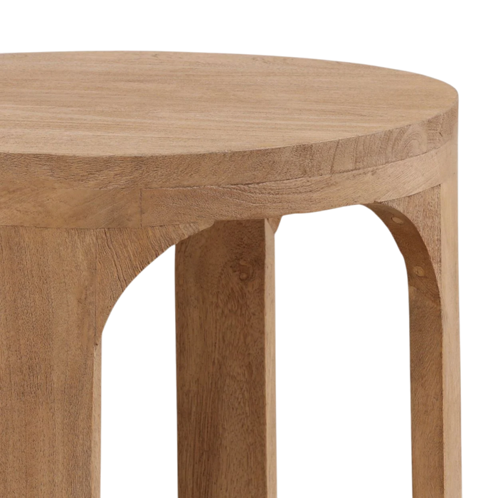 Wooden side table with a round top on a white background