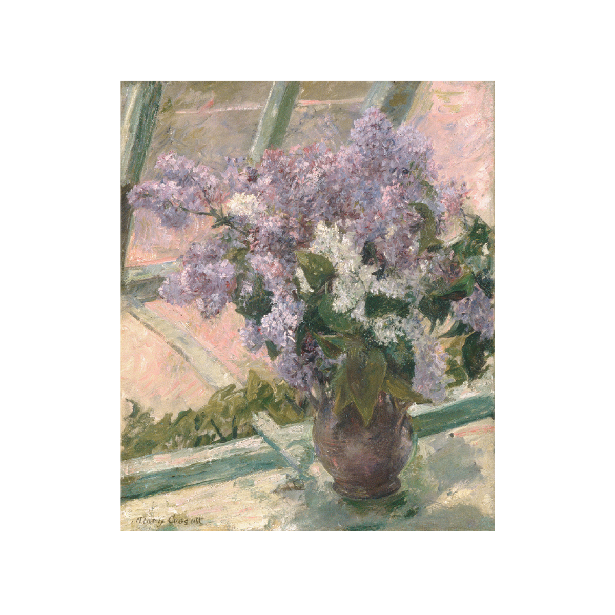 An art print showing a bouquet of lilac flowers in a brown vase on a windowsill, rendered in soft impressionistic brushstrokes with pink, green, and lavender tones