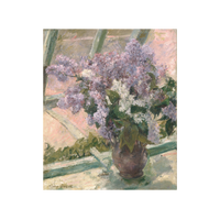 An art print showing a bouquet of lilac flowers in a brown vase on a windowsill, rendered in soft impressionistic brushstrokes with pink, green, and lavender tones