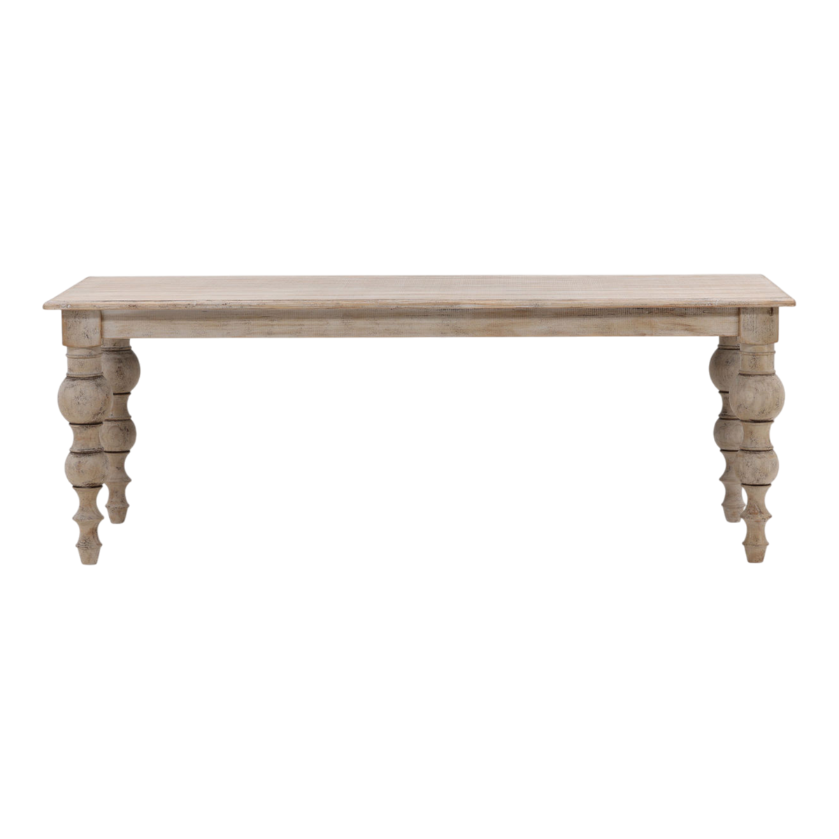 A rustic light beige wooden console table with a rectangular top and turned ball-style legs, shown against a plain white background.