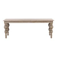 A rustic light beige wooden console table with a rectangular top and turned ball-style legs, shown against a plain white background.