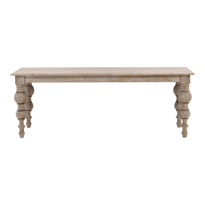 A rustic light beige wooden console table with a rectangular top and turned ball-style legs, shown against a plain white background.