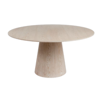 A round dining table with a light natural wood grain finish, featuring a wide top and a tapered pedestal base, shown against a plain white background.