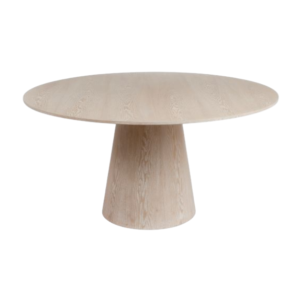 A round dining table with a light natural wood grain finish, featuring a wide top and a tapered pedestal base, shown against a plain white background.