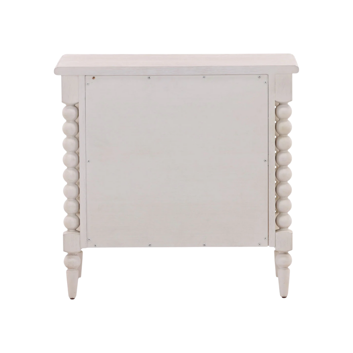 White wooden side table with decorative legs on a white background