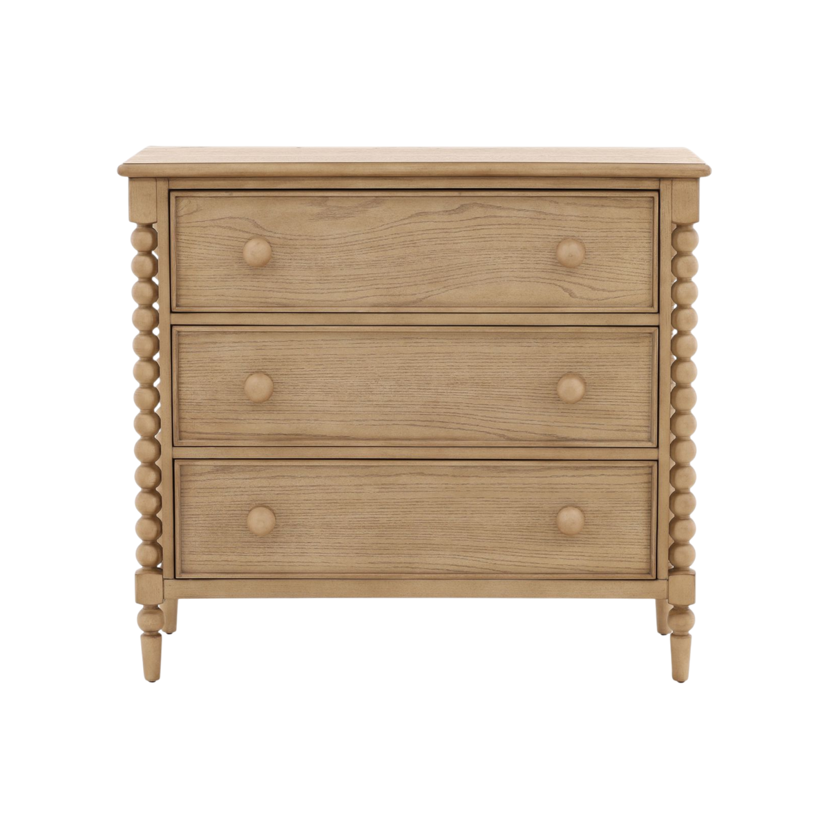 Wooden dresser with three drawers on a white background