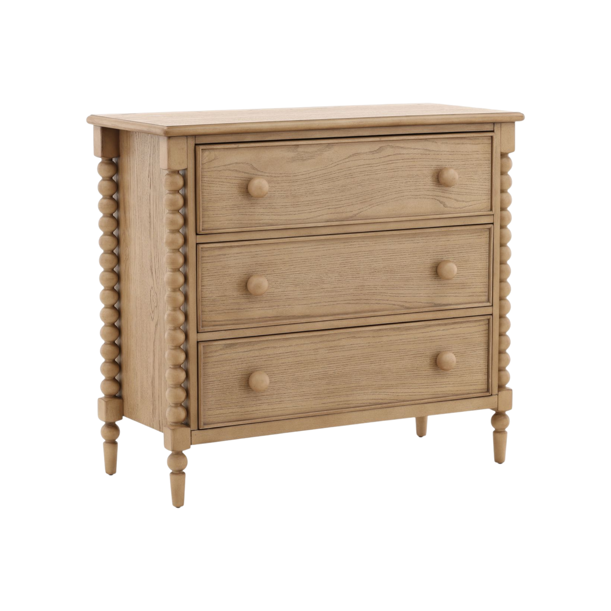 Wooden dresser with three drawers on a white background