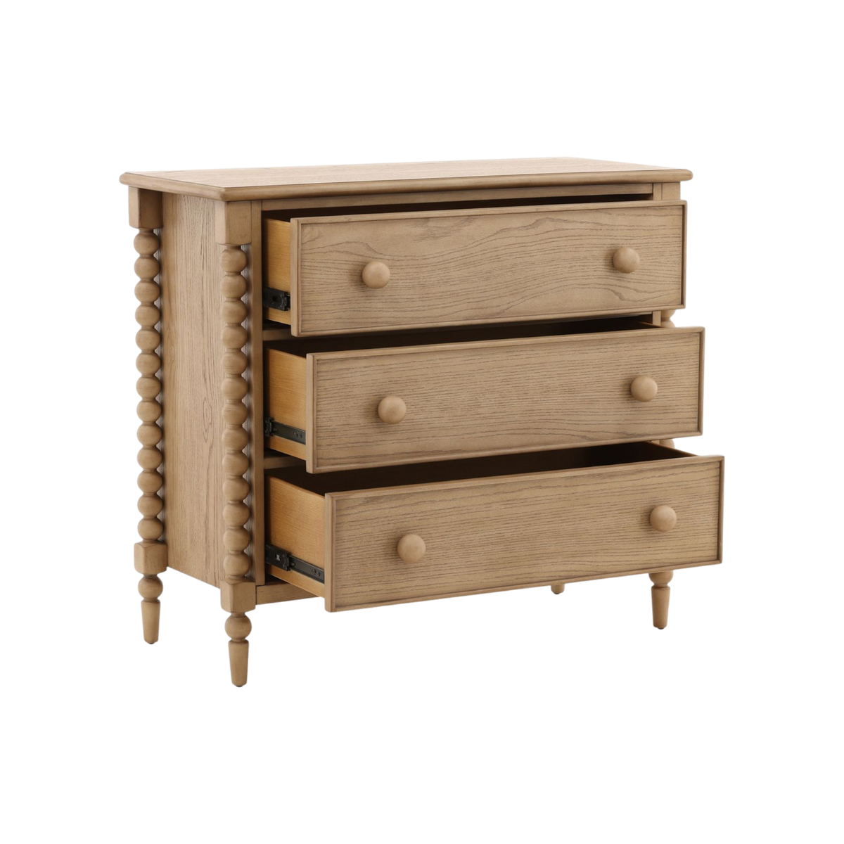 Wooden dresser with three drawers on a white background