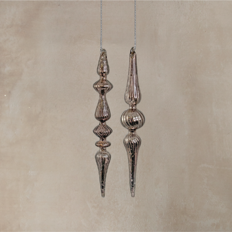 Silver Spindle Glass Ornament - Set of Two