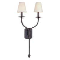 Acres Market & Interiors La Brea Double Sconce with textured iron base and two cream linen shades, 30"H x 14.5"W.