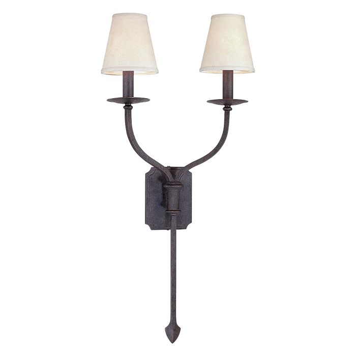 Acres Market & Interiors La Brea Double Sconce with textured iron base and two cream linen shades, 30"H x 14.5"W.